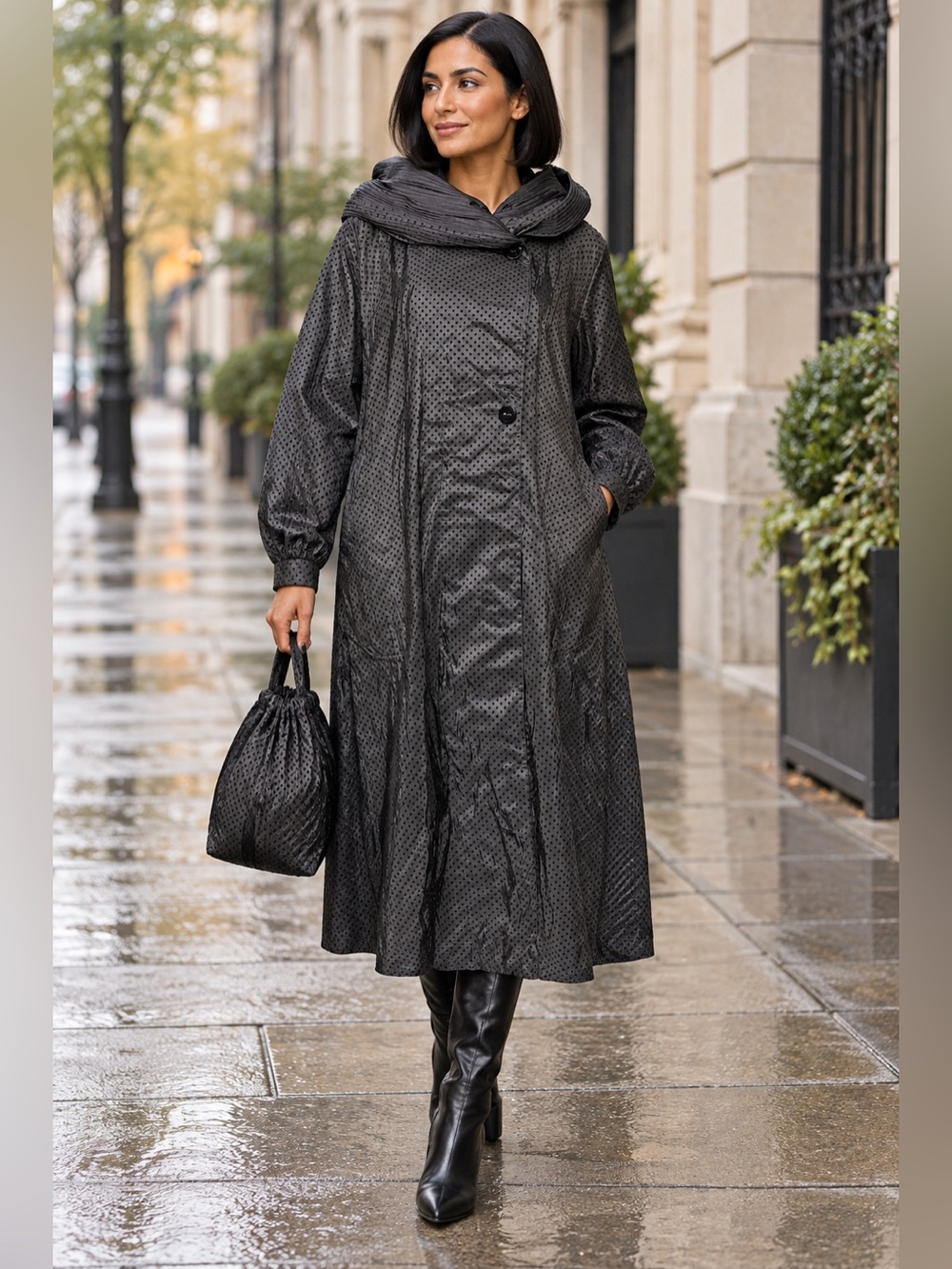 Mycra Pac Black Swiss Dot Reversible Hooded Raincoat & Bag Classic Travel 2 M/L
